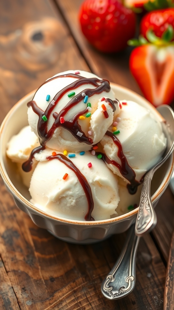 A bowl of vanilla ice cream topped with chocolate syrup and sprinkles, with strawberries on a rustic table.